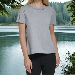 Women’s Top CALVIN KLEIN Gray Short Sleeves T- Shirt Crystal Embossed Tee Blouse